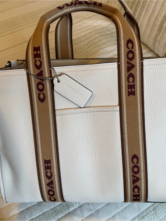 Coach Handbags - Coach White Pebbled Leather Tote with Tan Logo Canvas Straps
